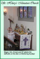 Megan, GP, Eric and Ernest admire the daffodils on the altar this Mothering Sunday morning!